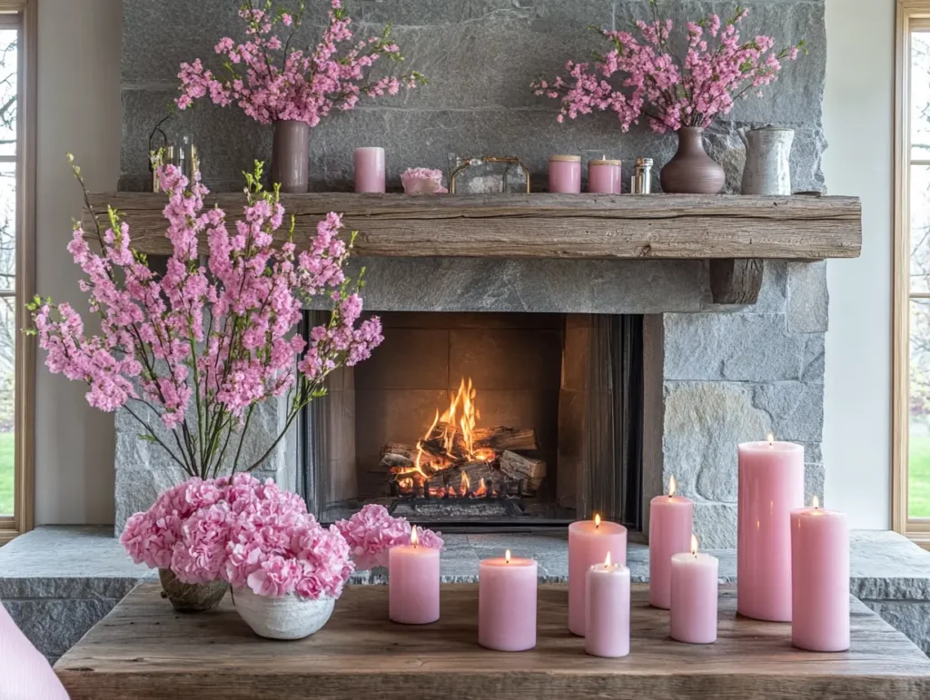 Grey Stone Fireplace with Pink Floral Arrangements: