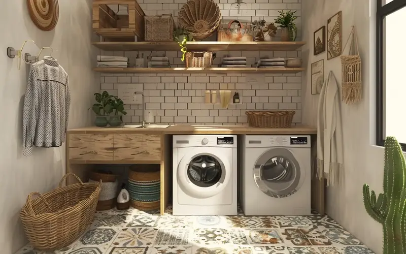 Why Boho? The Boho design is perfect for a laundry room because it's inherently calming and inviting. The natural materials and warm colors create a serene atmosphere, while the eclectic patterns and global accents add personality and charm. Plus, the emphasis on organization and storage means your laundry room will be as functional as it is beautiful. It's a win-win!