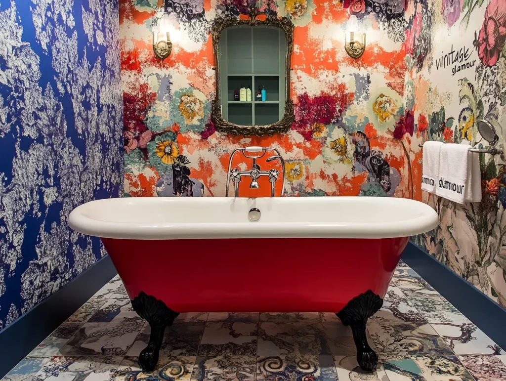 Bold Wallpaper with a Clawfoot Tub