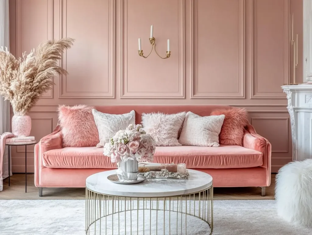 Pink Velvet Sofa with Textured Pillows