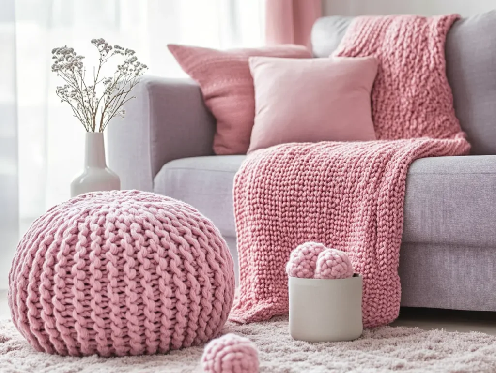 Pink Throw Blankets and Knitted Poufs