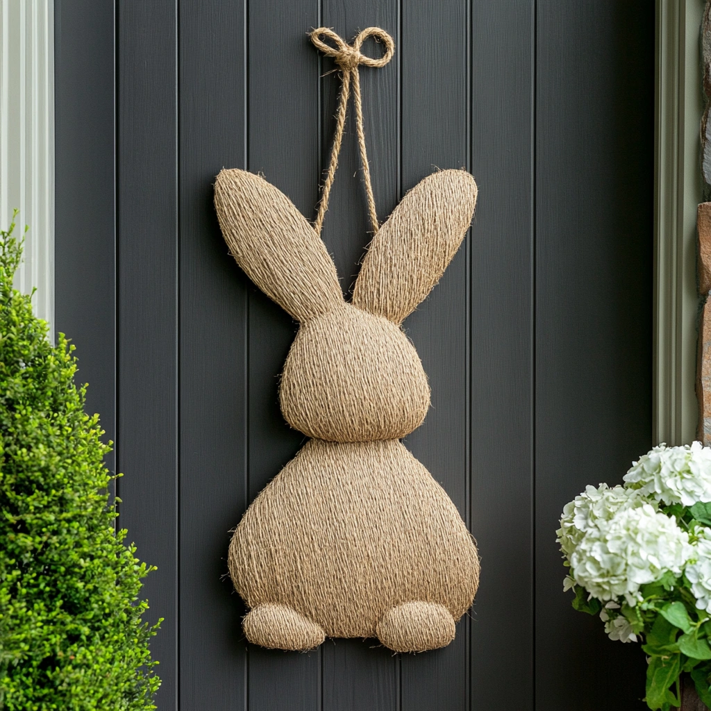 Jute Rope Bunny: This rustic and charming door hanger idea features a bunny outline crafted from jute rope. Shape jute rope into a bunny outline. You can find templates online or create your own design.