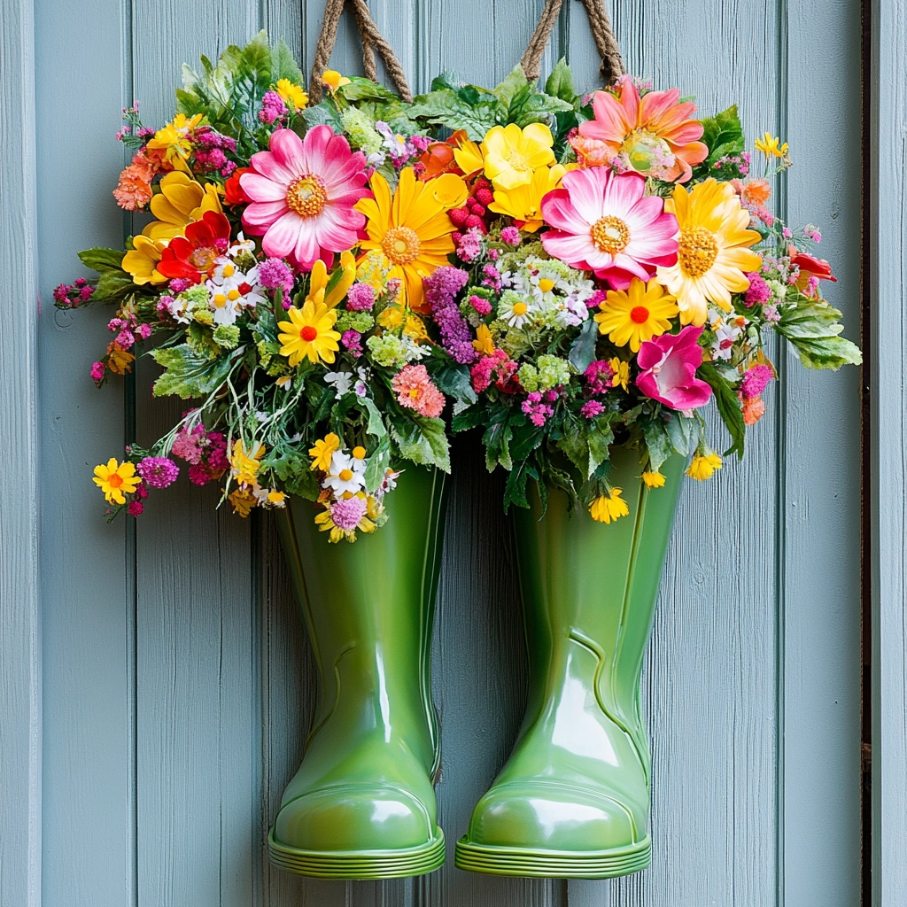 Rain Boots and Flowers: This whimsical and unexpected door hanger idea features a pair of old rain boots decorated with spring flowers. It's a charming way to add a touch of playful personality to your Easter décor.