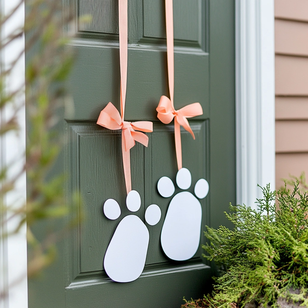 Easter Bunny Footprints: Lead your guests to Easter fun with this adorable door hanger idea featuring bunny footprints. It's a simple yet charming way to add a touch of whimsy to your decorations. Cut out bunny footprints from white cardstock or felt. 