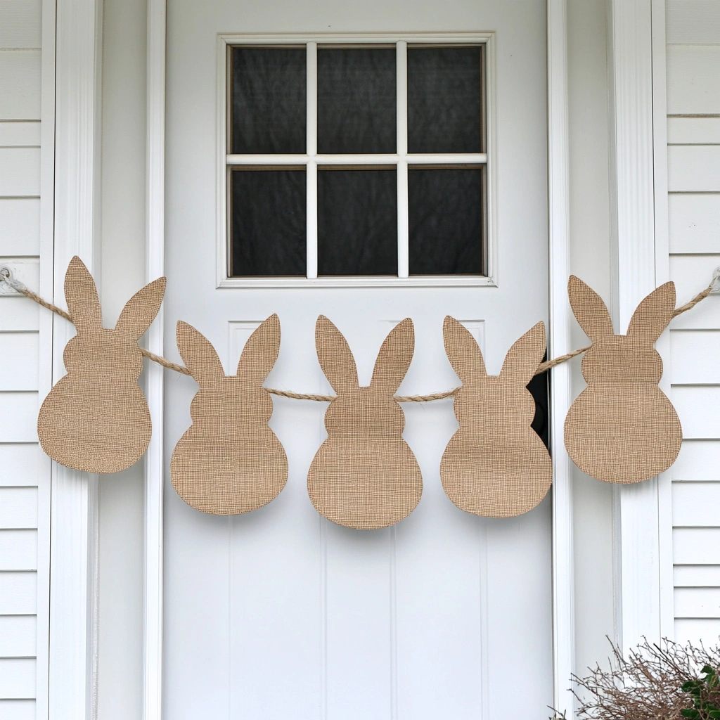 Burlap Bunny Banner: This rustic and charming door hanger idea features a bunny banner crafted from burlap. It's a simple yet elegant way to add a touch of homespun charm to your Easter décor. Cut bunny shapes from burlap. You can find templates online or create your own design.