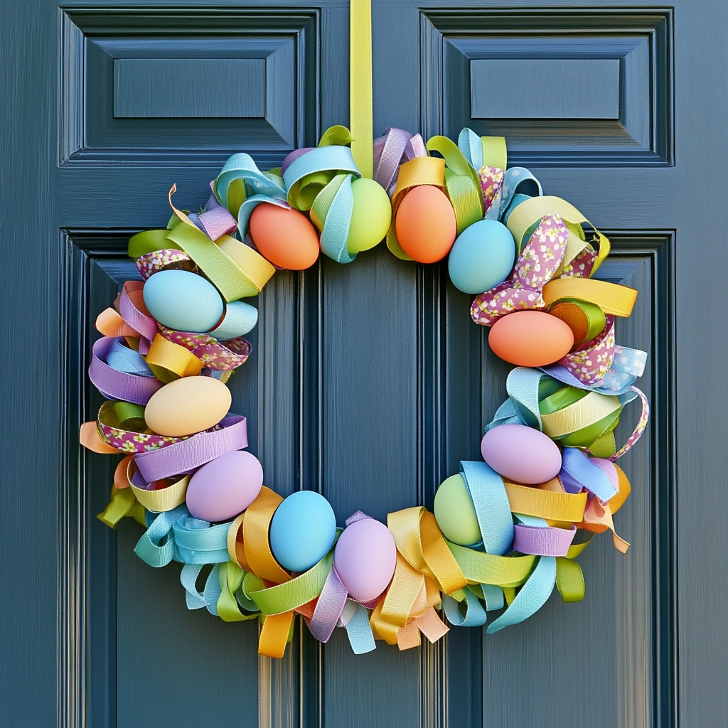 Ribbon Egg Wreath: This colorful and textured door hanger idea features a wreath made from ribbons and egg-shaped embellishments. It's a fun and festive way to celebrate Easter. 