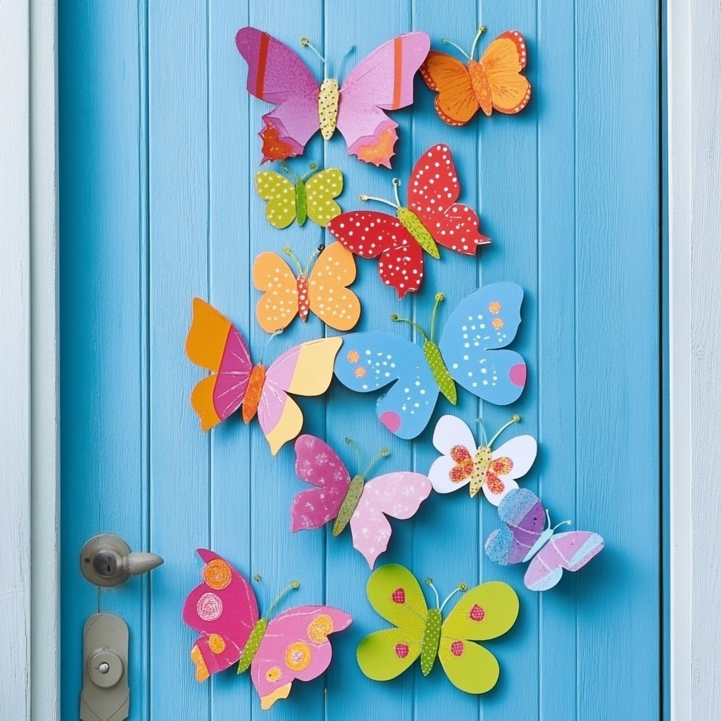 Butterfly Garden: This whimsical and enchanting door hanger idea features a garden of colorful butterflies. It's a beautiful way to celebrate the arrival of spring and the beauty of nature. Cut out butterfly shapes from colorful paper or fabric. 