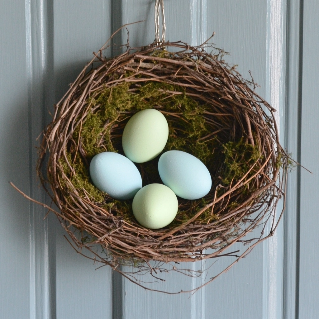 Bird's Nest with Eggs: This natural and charming door hanger idea features a small bird's nest filled with pastel-colored eggs. It's a sweet and simple way to add a touch of springtime beauty to your décor.