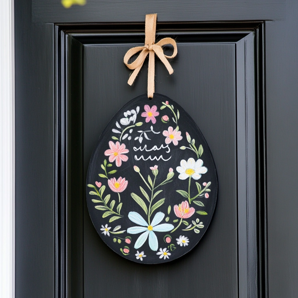 Chalkboard Egg: This interactive and versatile door hanger idea features a chalkboard egg that you can customize with different messages and designs each day. It's a fun and engaging way to add a touch of creativity to your decorations. 