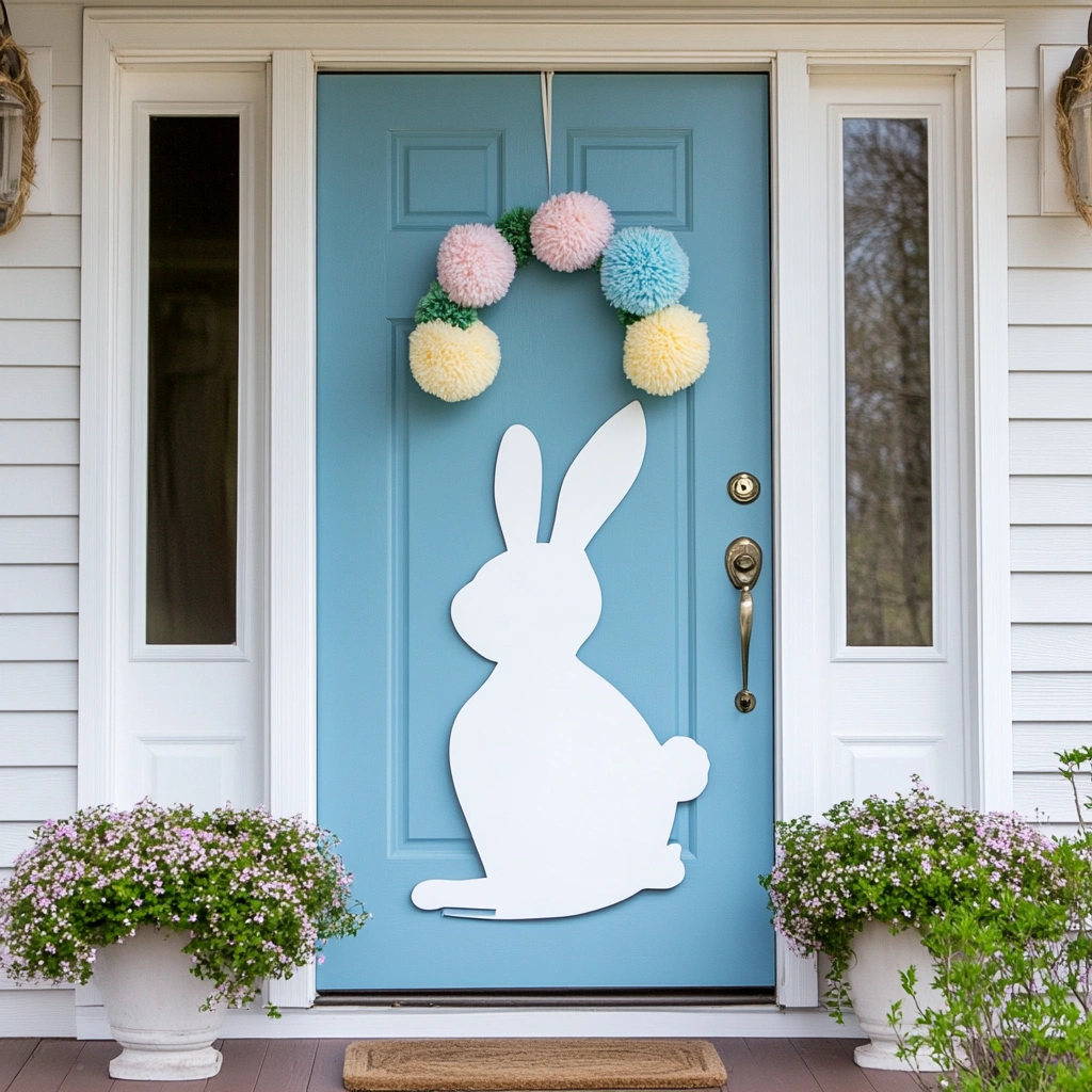 Bunny Silhouette: Who can resist the charm of a fluffy bunny? This door hanger idea features a playful bunny silhouette, bringing a touch of whimsical fun to your Easter decorations. Begin by cutting out a bunny silhouette from sturdy cardboard or wood. You can find templates online or even freehand your own design.