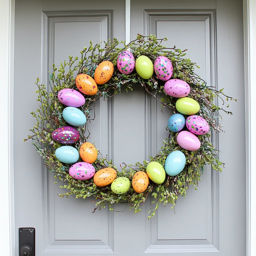 Egg-cellent Wreath: Embrace the iconic symbol of Easter with this egg-cellent wreath door hanger. It's a colorful and festive way to celebrate the holiday. Start with a pre-made wreath base, available at most craft stores. Then, gather a collection of colorful plastic Easter eggs in various sizes and patterns. 