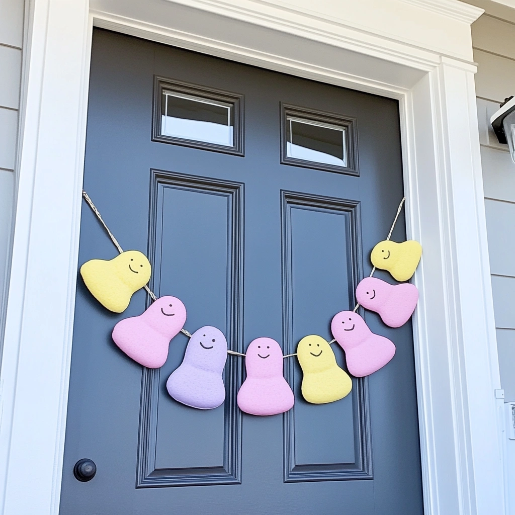 Peeps Garland: Sweeten your Easter decorations with this delightful Peeps garland door hanger. It's a fun and festive way to incorporate these iconic Easter treats into your decor. You can use actual Peeps candies, or if you prefer a longer-lasting option, you can create Peeps-shaped cutouts from felt or cardstock. String the Peeps or cutouts together using a colorful thread or ribbon. 