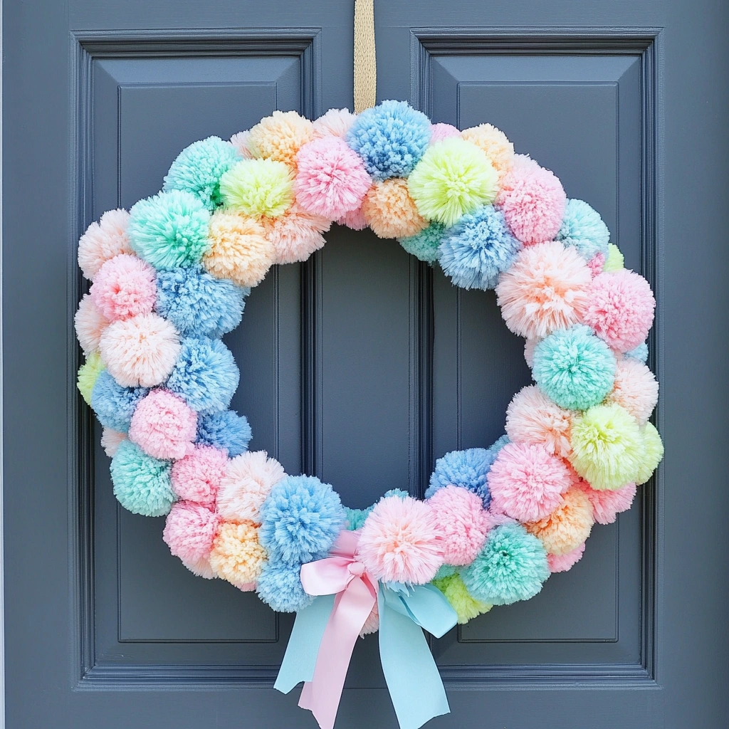 Pastel Pom-Pom Wreath: This fluffy and colorful door hanger idea features a wreath covered in pastel pom-poms, creating a soft and cheerful look. Glue colorful pastel pom-poms onto a wreath form. Choose a variety of sizes and shades for a visually appealing effect. 