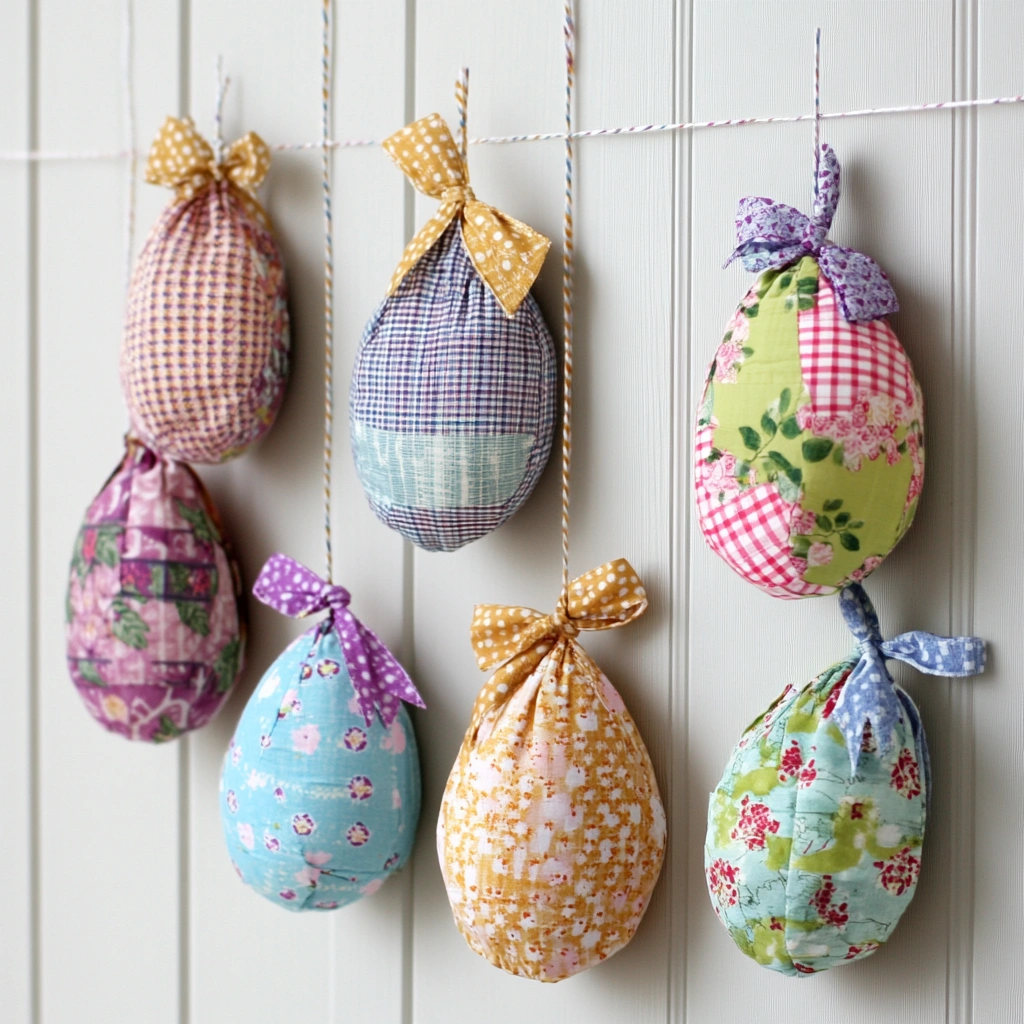 Fabric Scrap Eggs: This eco-friendly door hanger idea utilizes fabric scraps to create unique and colorful Easter eggs. Cut egg shapes from various patterned fabrics. You can use different colors, patterns, and textures for a diverse look. 