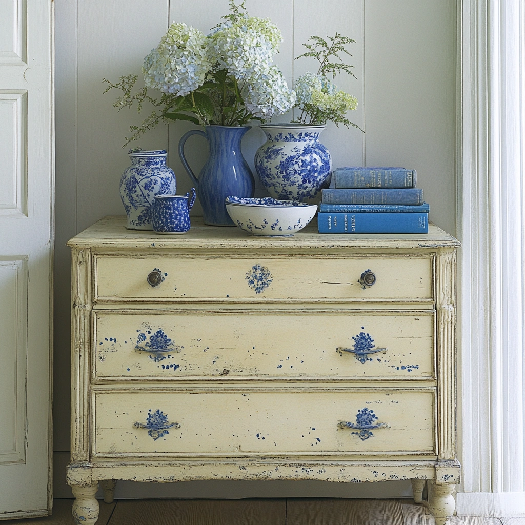 10 Distressed Cream Dresser with Blue Accents