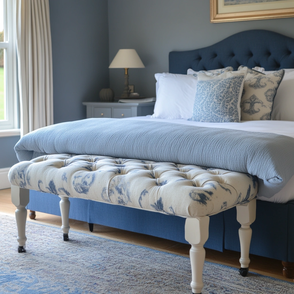 11 Blue Upholstered Bench at Foot of Bed with Cream Legs