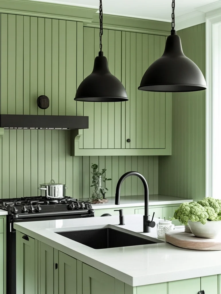 Matte Black Accents in a Sage Green Kitchen