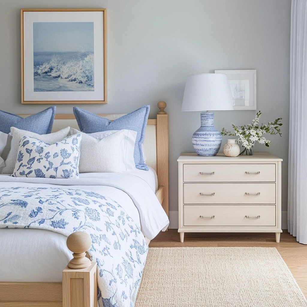 12 White or Light Wood Furniture with Blue and Cream Decor