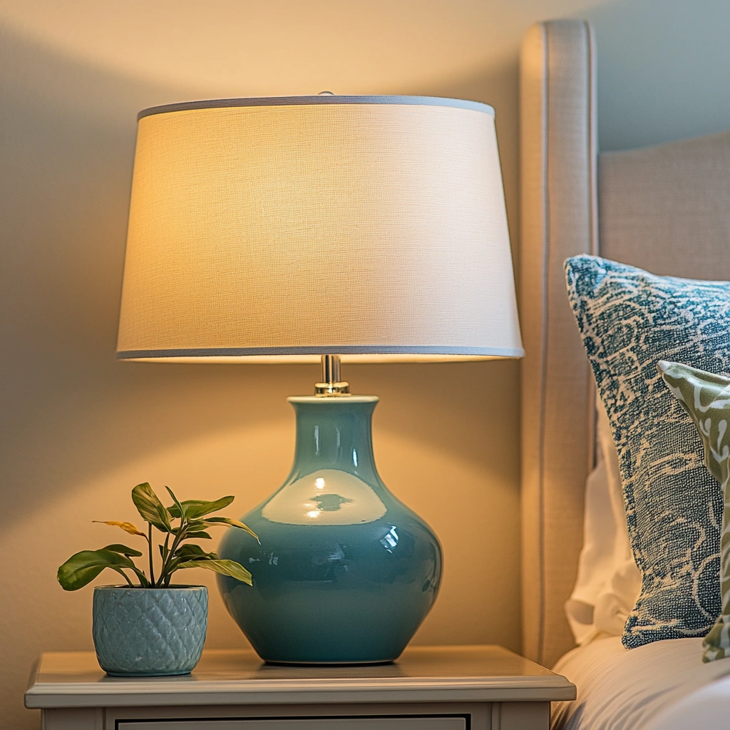 13 Ceramic Blue Table Lamps with Cream Shades