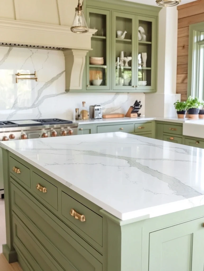 Sage Green and White Marble Countertops