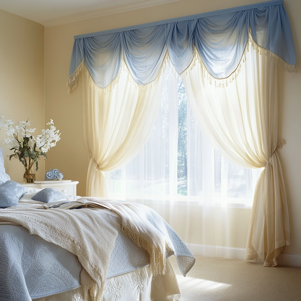 14 Sheer Cream Curtains with Blue Valance