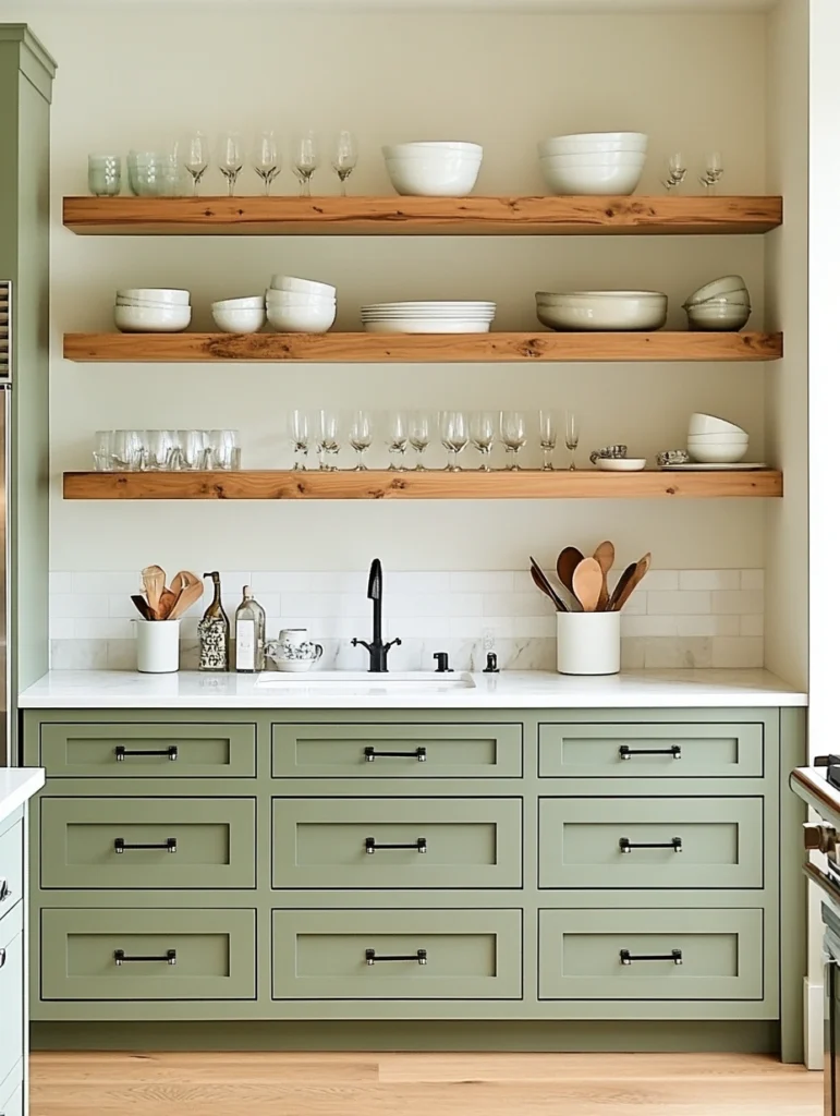 Sage Green Lower Cabinets with Open Upper Shelving