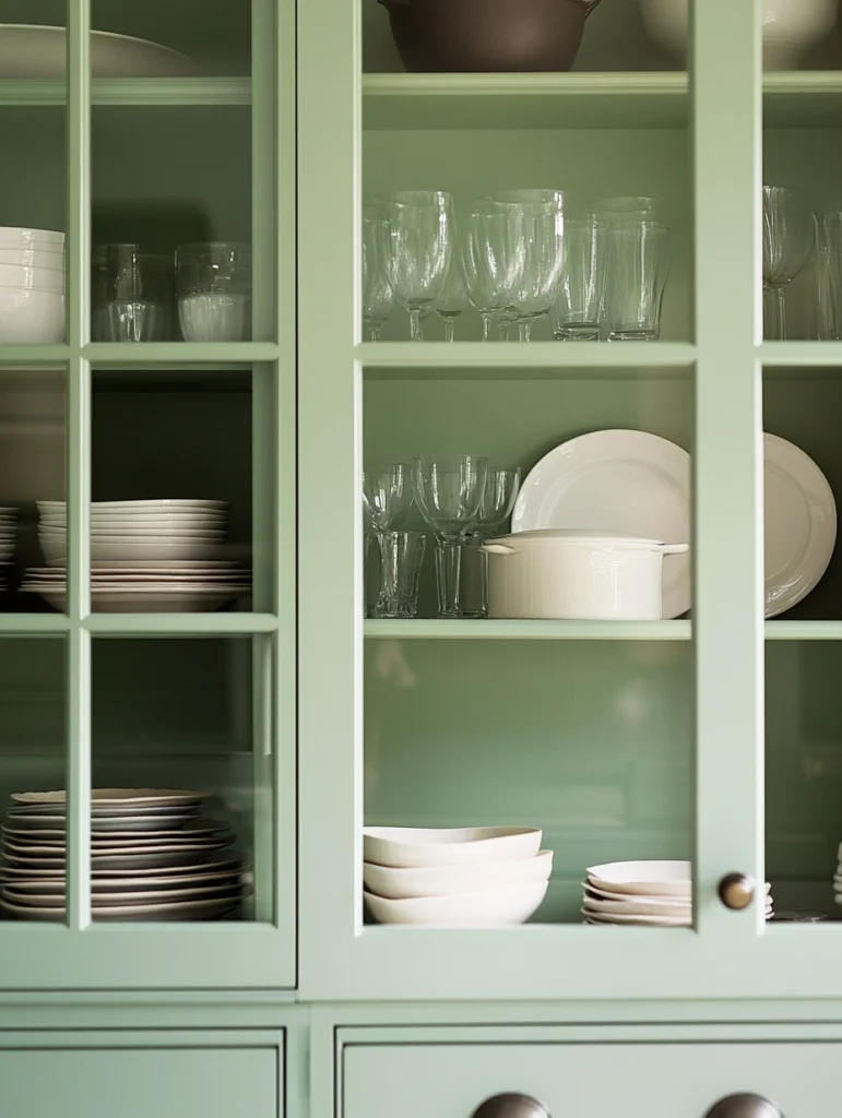 A Pop of Sage Green on the Interior of Glass-Front Cabinets