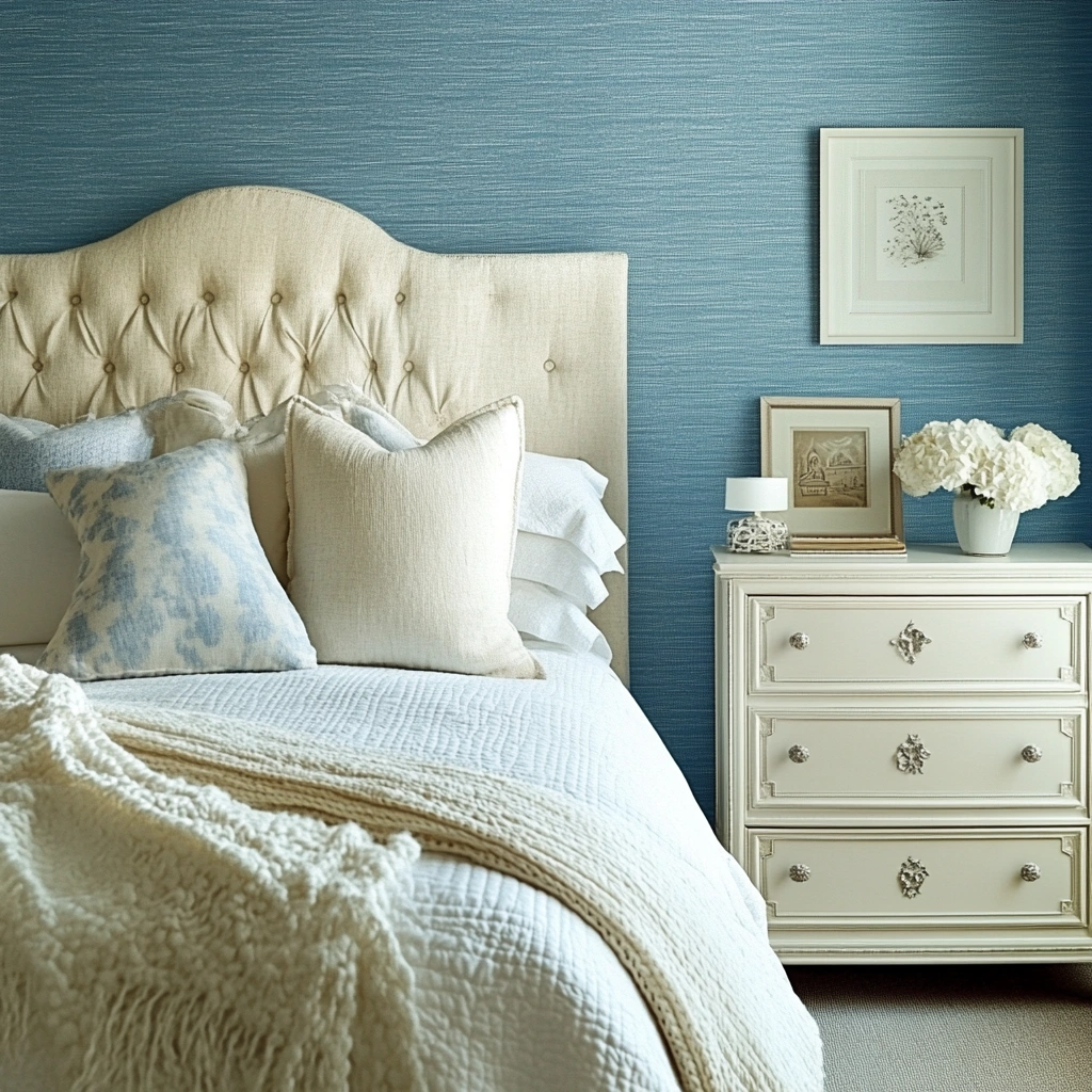 3 Textured Blue Wallpaper with Cream Furnishings