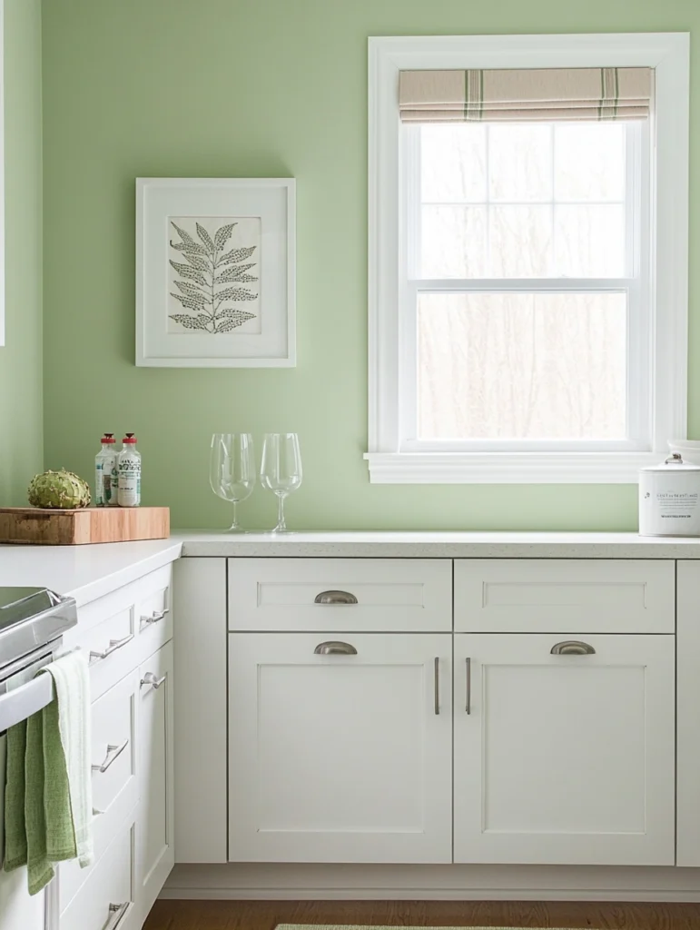 Sage Green Walls Paired with White Cabinets