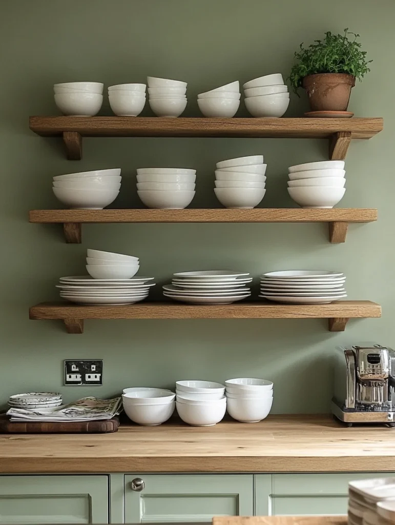 Open Shelving with Sage Green Accent Wall