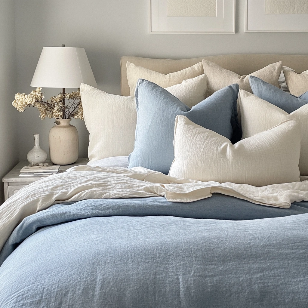 8 Soft Blue Linen Duvet with Cream Euro Shams