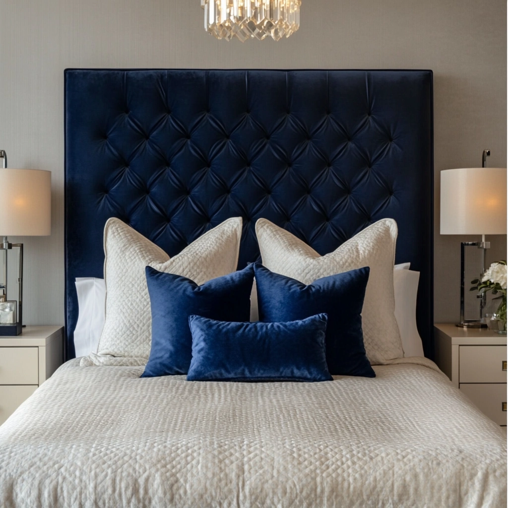 9 Navy Blue Velvet Headboard with Cream Nightstands