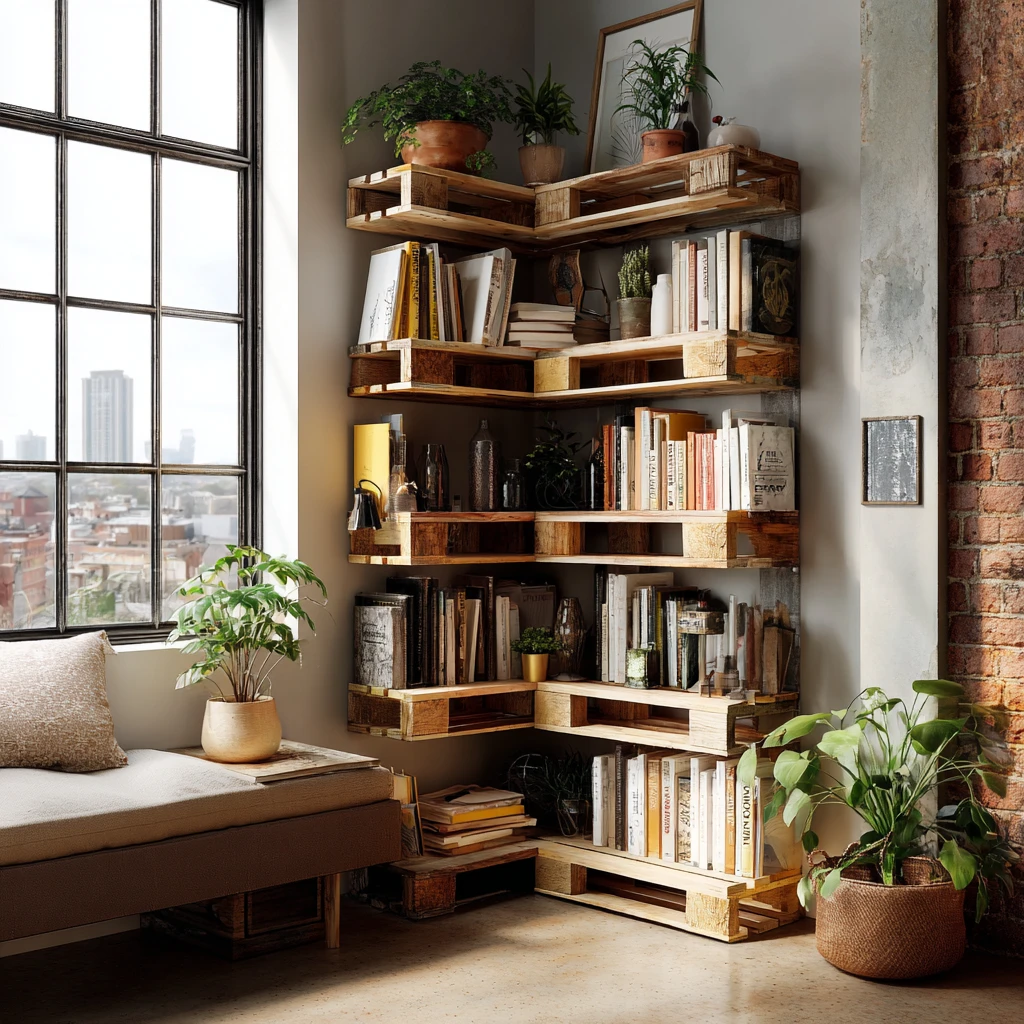 18 DIY Pallet Corner Bookshelf