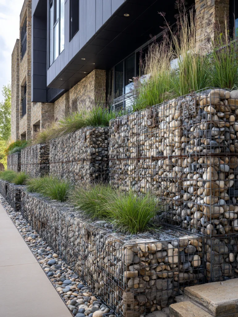 Charming Garden Fence Ideas for Privacy and Style: Gabion Wall Fence with Stone Fill