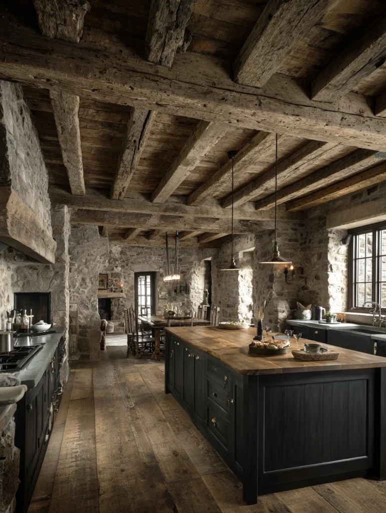 Aesthetic Scottish Kitchen Ideas: Reclaimed Wood Ceiling Beams