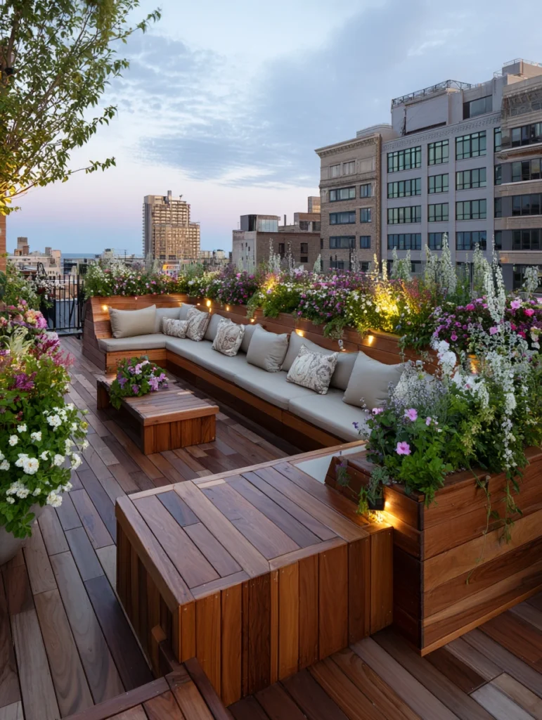 Stunning Rooftop Garden Ideas: Seating Area with Built-In Planters