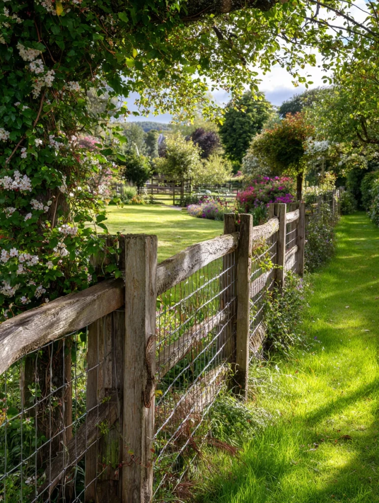 Charming Garden Fence Ideas for Privacy and Style: Split Rail Fence with Wire Mesh Insert