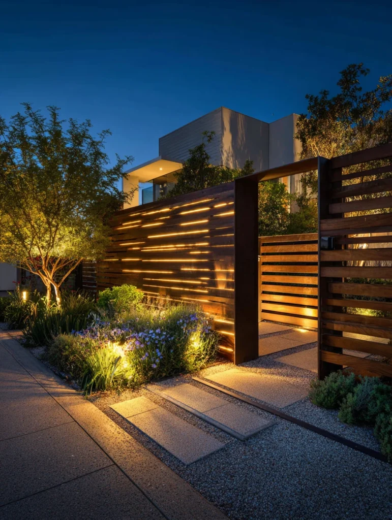 Charming Garden Fence Ideas for Privacy and Style: Slatted Fence with Integrated Lighting