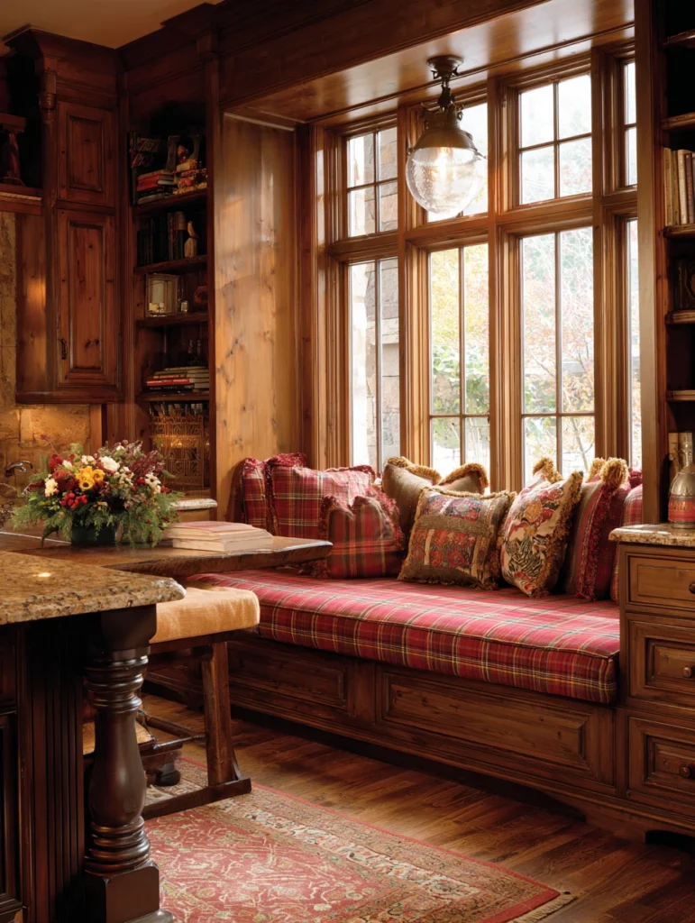 Aesthetic Scottish Kitchen Ideas: Window Seat with Plaid Cushions