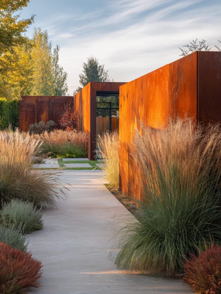 Charming Garden Fence Ideas for Privacy and Style: Corten Steel Panels for Modern Minimalism
