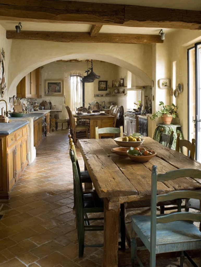Aesthetic Italian Kitchen Ideas: Rustic Dining Table and Mismatched Chairs