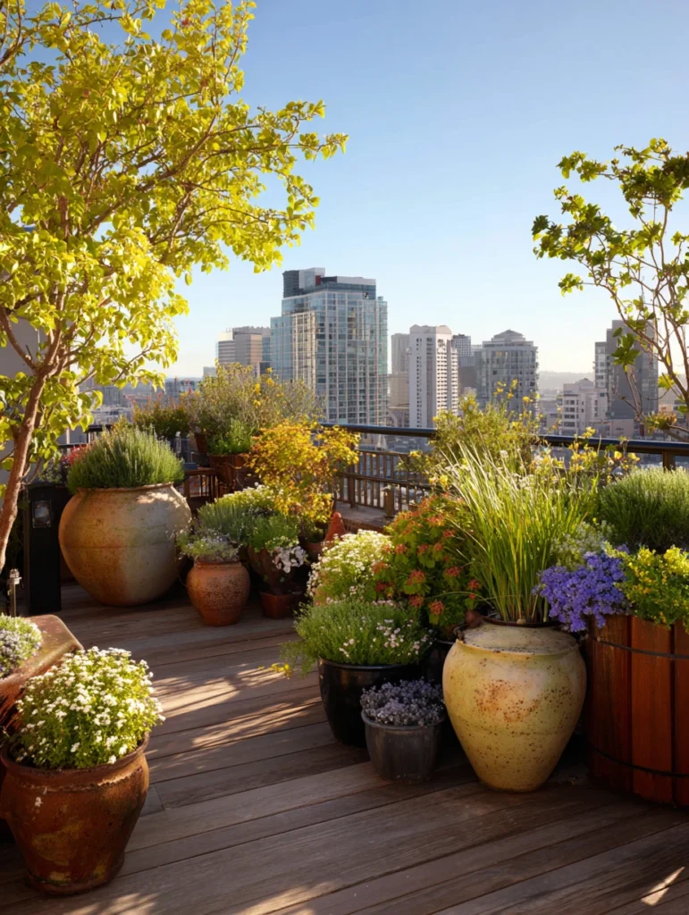 Stunning Rooftop Garden Ideas for Urban Living: Container Garden with Mixed Sizes
