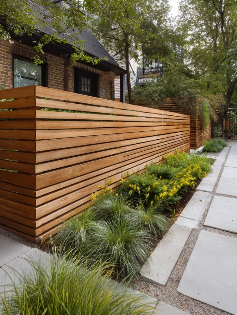 Charming Garden Fence Ideas for Privacy and Style: Horizontal Cedar Slat Fence for Contemporary Elegance