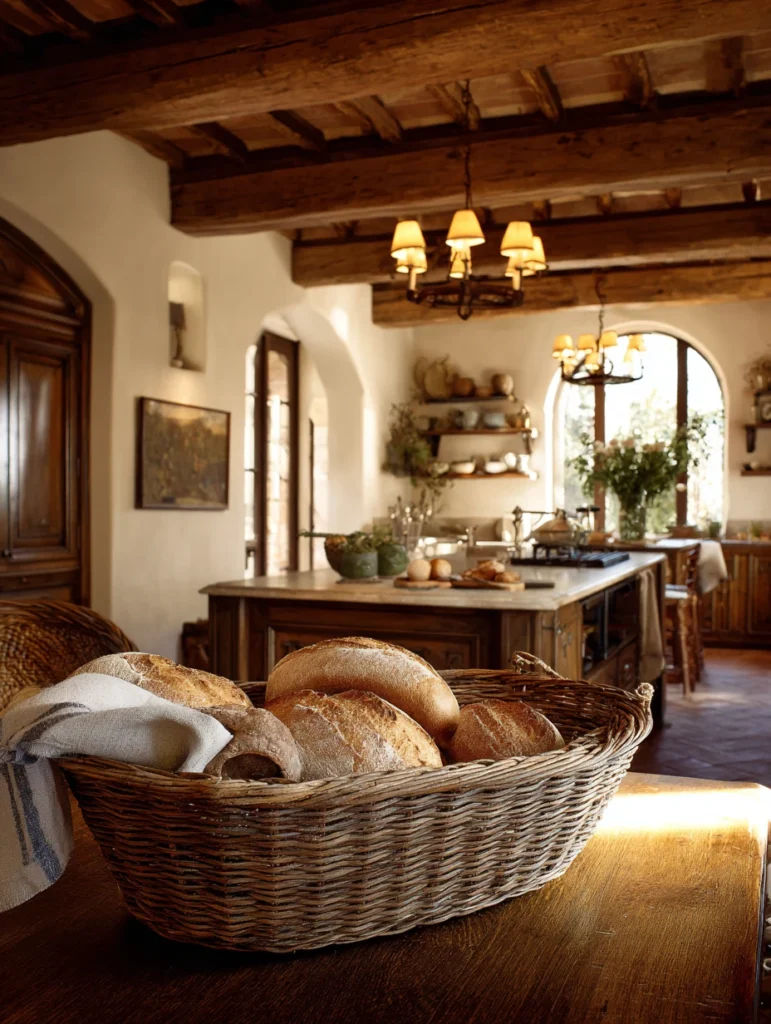 Aesthetic Italian Kitchen Ideas: Fresh Bread in a Rustic Basket