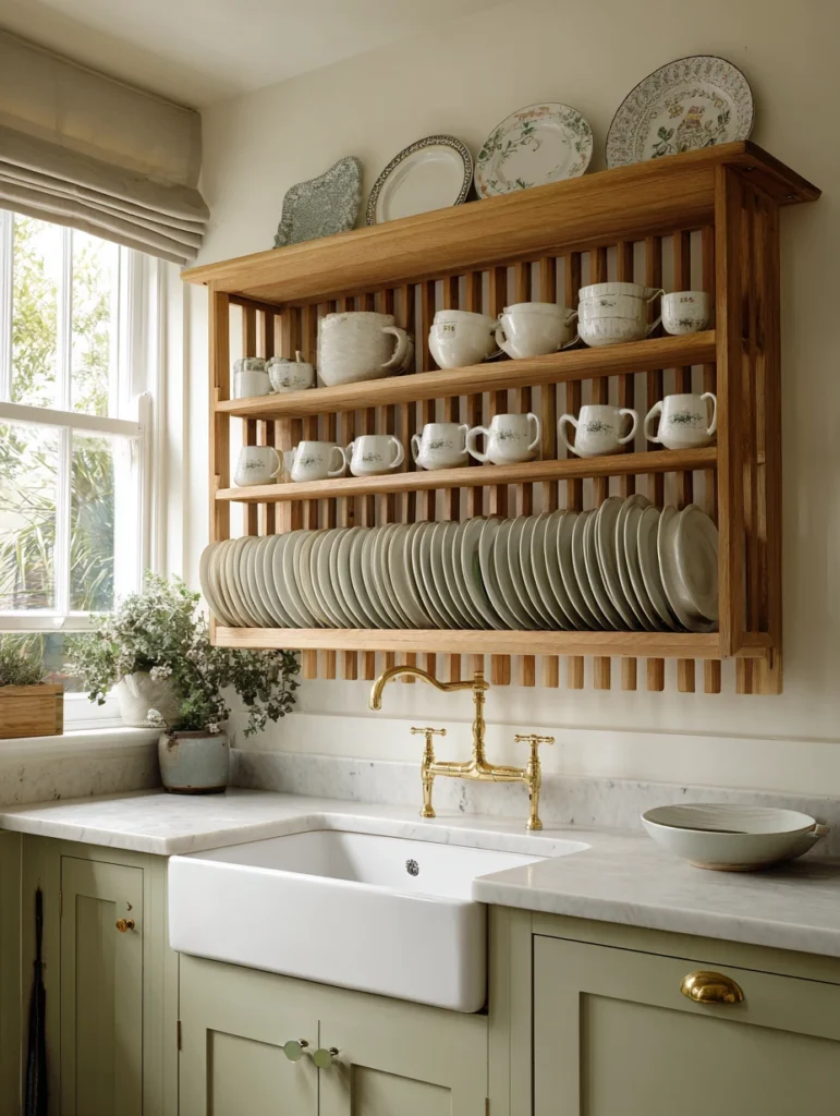 Aesthetic Irish Kitchen Ideas: Wooden Plate Rack Above Sink