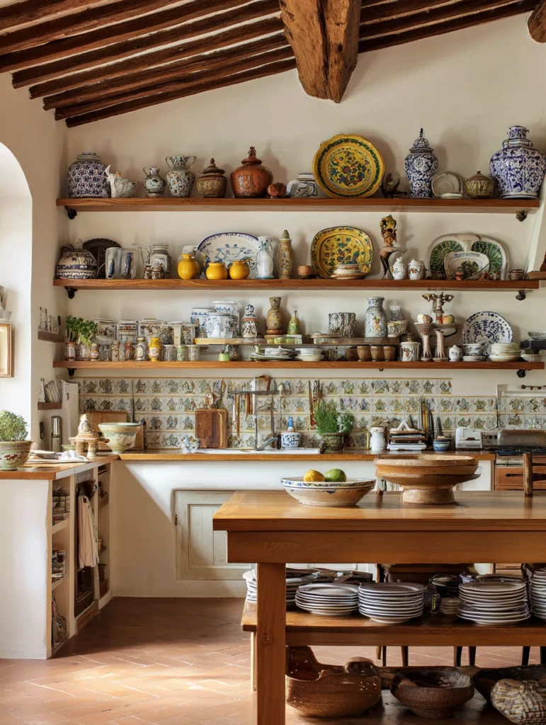 Aesthetic Italian Kitchen Ideas: Open Shelving with Displayed Ceramics