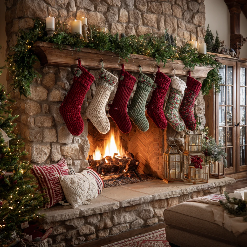 5 Stockings Hung by the Fireplace