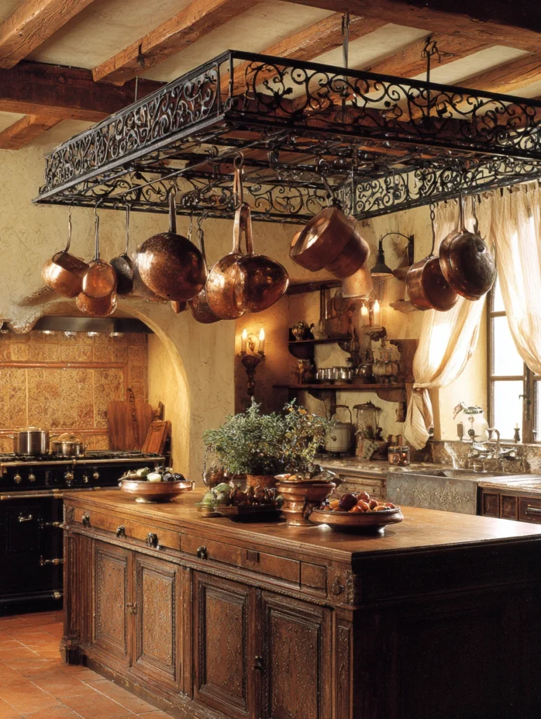 Aesthetic Italian Kitchen Ideas: Wrought Iron Pot Rack Overhead