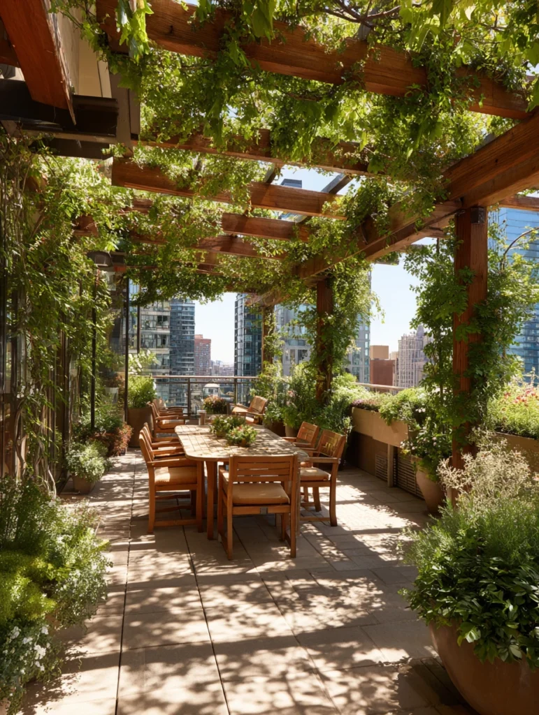 Stunning Rooftop Garden Ideas: Pergola with Climbing Vines