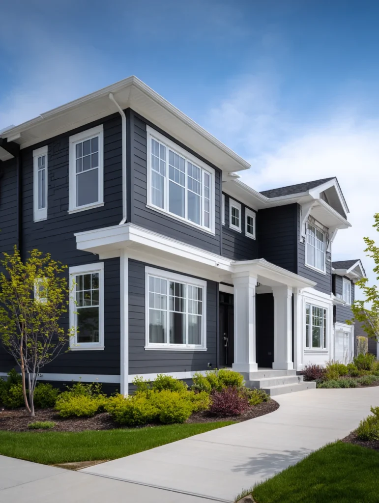 Dark Exterior House Color Schemes: Classic Charcoal Gray with White Trim